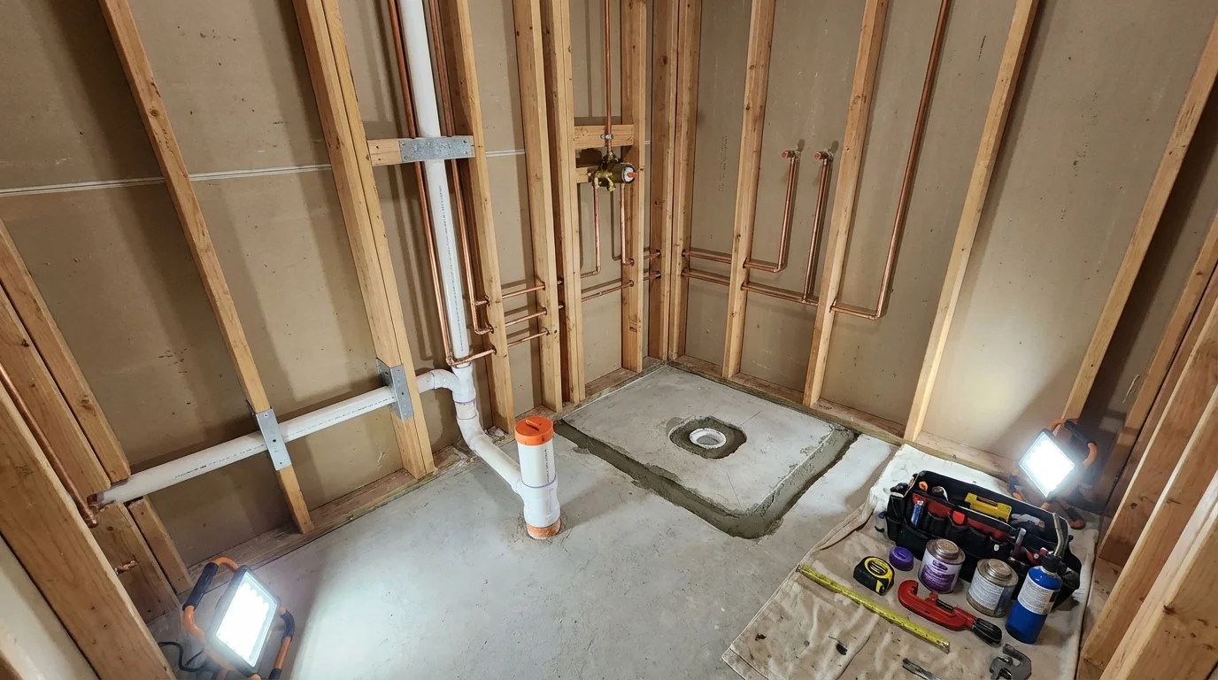 Bathroom rough-in plumbing during remodel by Johns Plumbing LLC in Chesterfield
