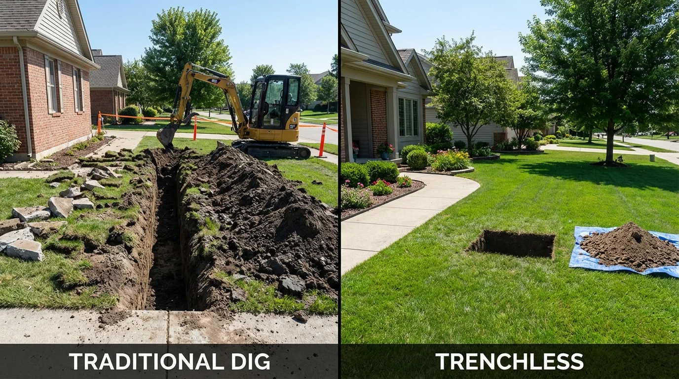Trenchless sewer repair with minimal yard damage versus traditional excavation in Chesterfield, MA