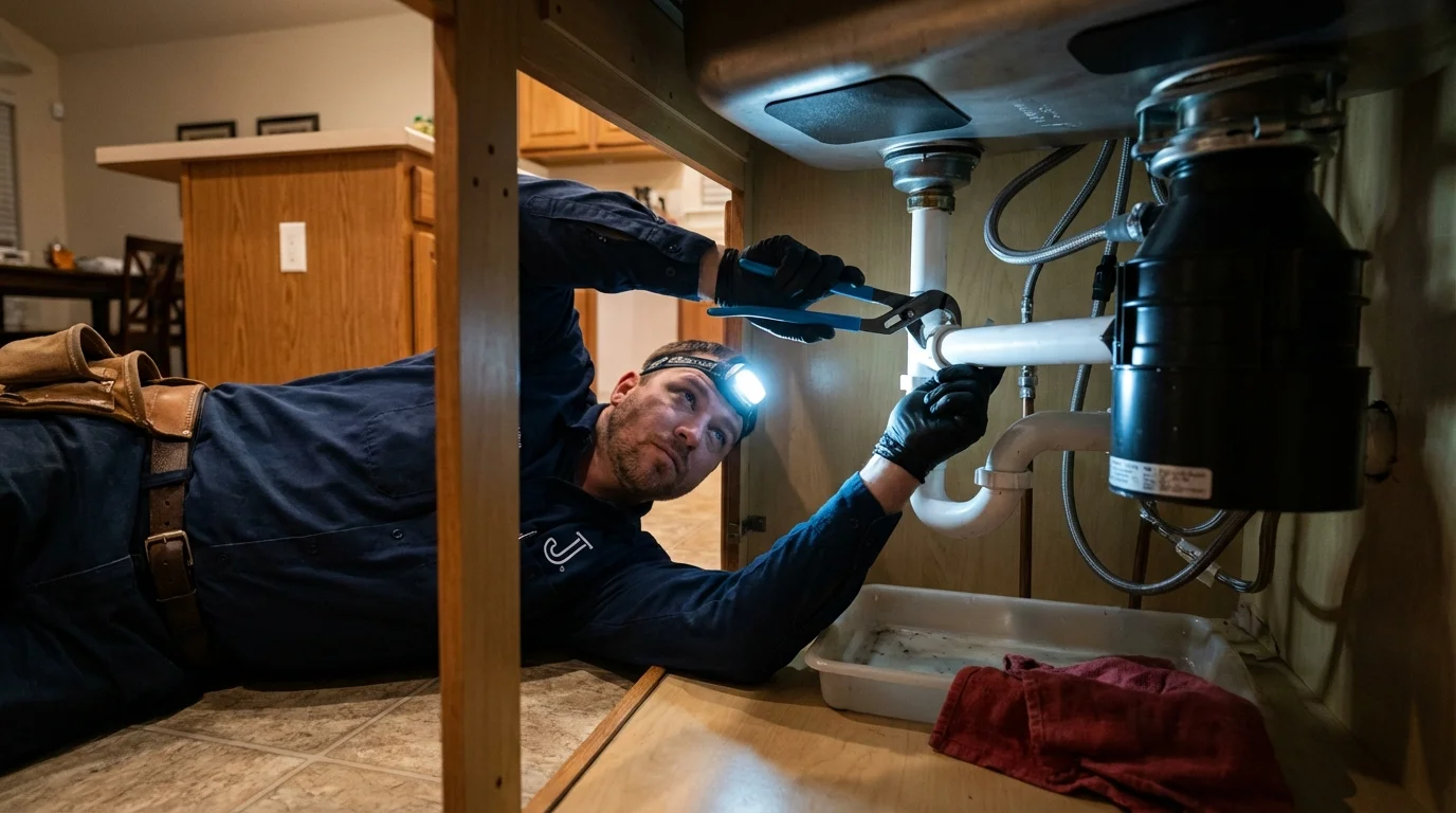 P-trap and supply line connections under a kitchen sink showing a common leak point in Chesterfield, MA